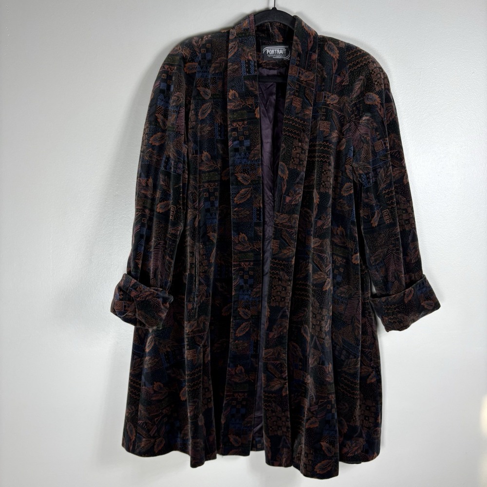 Portrait Small Vintage 80's Velvet Coat‎ Abstract Lined Open Trench Coat Jacket